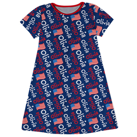 USA Flag and Name Print Navy Short Sleeve A Line Dress