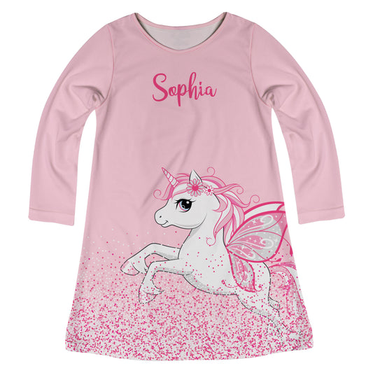 Unicorn Personalized Name Light Pink Long Sleeve A Line Dress