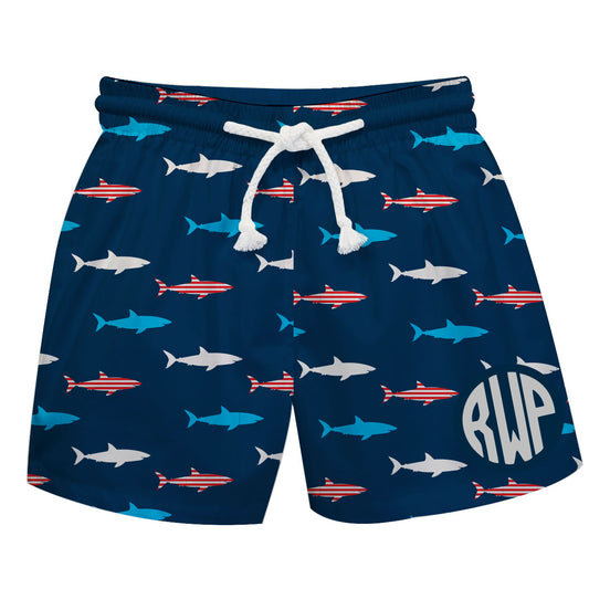 Shark Print Personalized Monogram Navy Swimtrunk