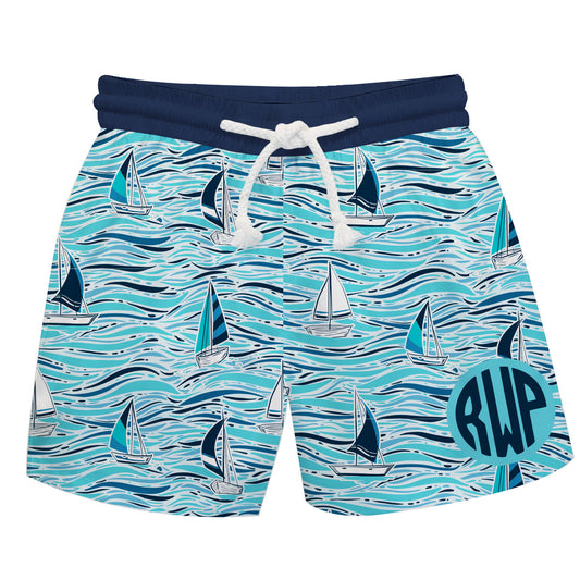 Boats Personalized Monogram Aqua and Navy Swimtrunk
