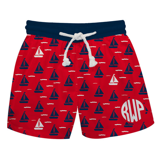 Boats Print Monogram Red Swimtrunk - Wimziy&Co.