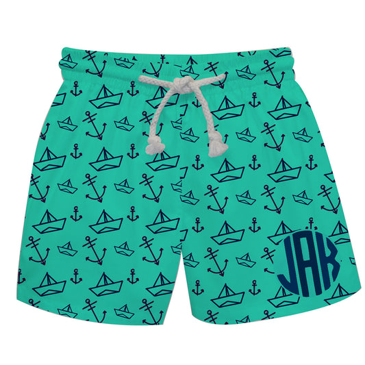 Boat Print Monogram Aqua Swimtrunk - Wimziy&Co.