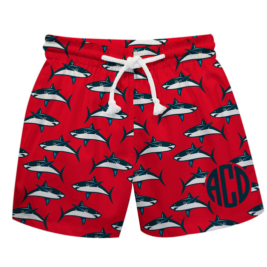 Shark Print Personalized Monogram Red Swimtrunk