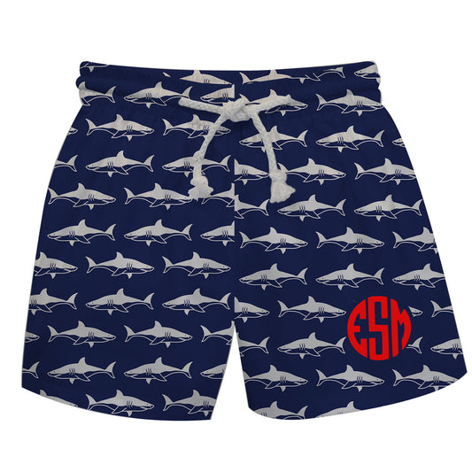 Sharks Print Monogram Navy Swimtrunk - Wimziy&Co.