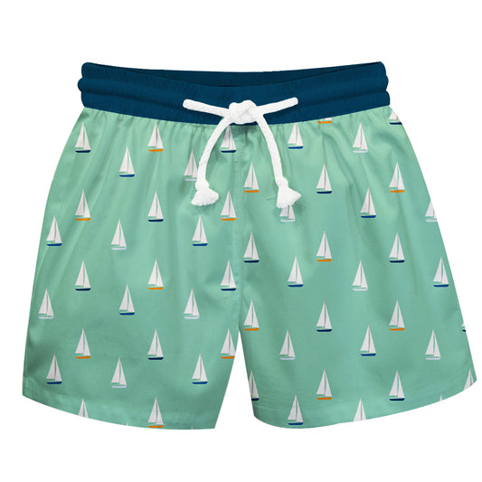 Sailboat Print Green And Navy Swimtrunk
