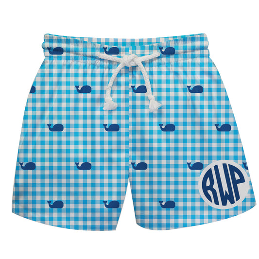 Whale Print Monogram Aqua Check Swimtrunk - Wimziy&Co.