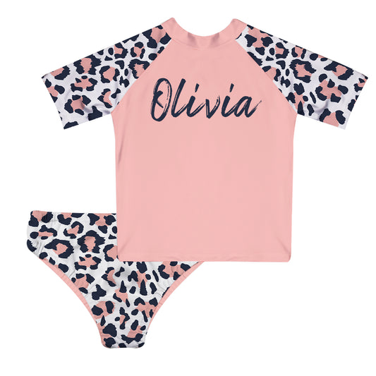 Animal Print Personalized Name Coral 2pc Short Sleeve Rash Guard
