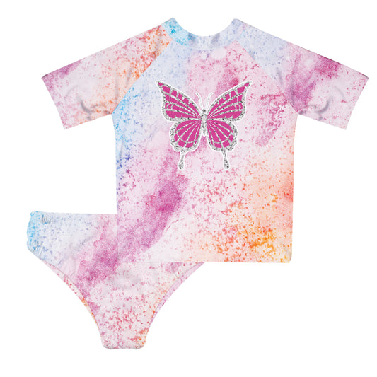Butterfly Pink Watercolor 2pc Short Sleeve Rash Guard