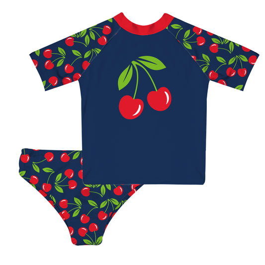 Cherries Print Navy and Red 2pc Short Sleeve Rash Guard