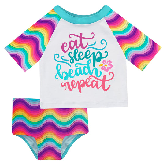 Eat Sleep Beach Repeat White 2pc Short Sleeve Rash Guard