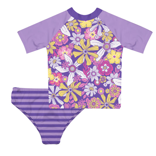 Floral Print Purple 2pc Short Sleeve Rash Guard