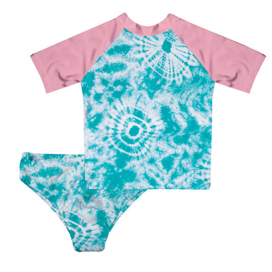 Tie Dye Aqua and Pink 2pc Short Sleeve Rash Guard