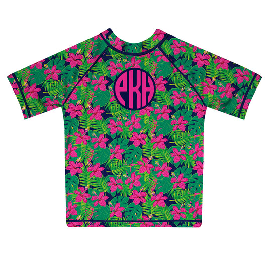 Tropical Print Monogram Green and Navy Short Sleeve Rash Guard - Wimziy&Co.
