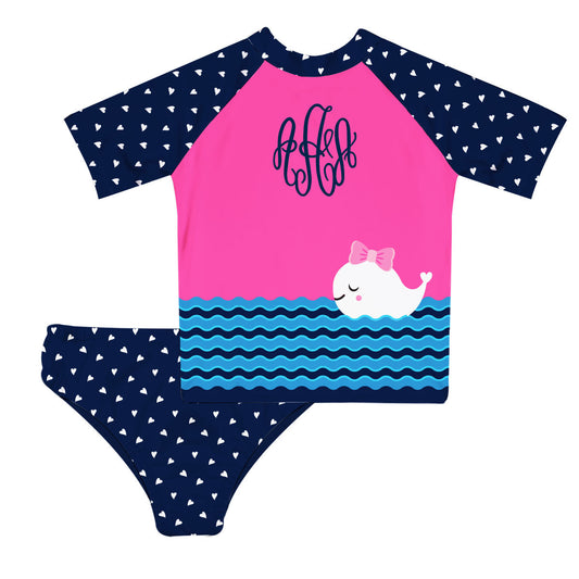 Whales Personalized Monogram Navy Polka Dots 2pc Short Sleeve Rash Guard