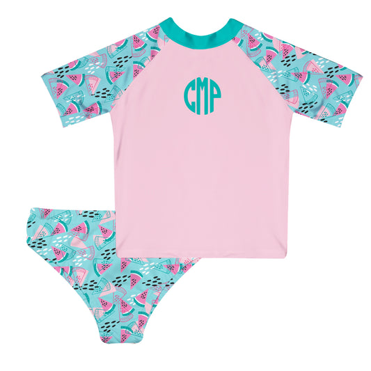 Watermelon Personalized Monogram Pink and Aqua 2pc Short Sleeve Rash Guard