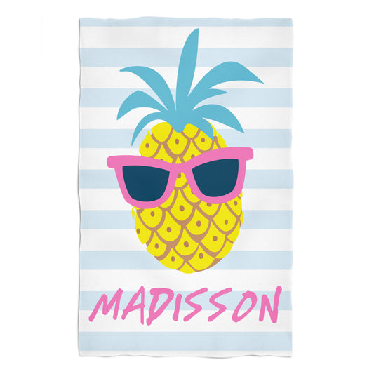 Pineapple Personalized Name Light Blue and White Stripes Towel 51 x 32