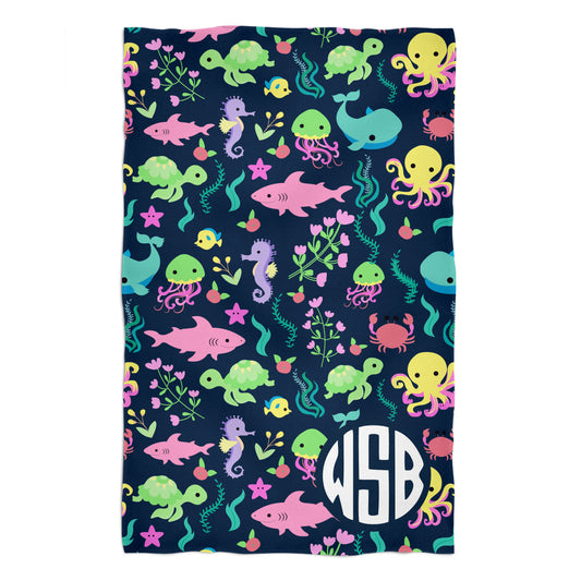 Sea Print Personalized Monogram Navy Towel
