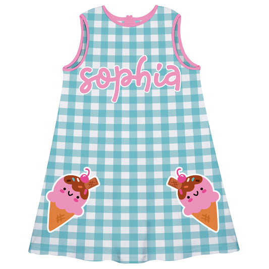 Ice Cream Personalized Name Light Blue Check A Line Dress