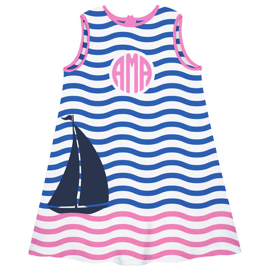 Sailboat Personalized Monogram Blue Pink And White A Line Dress - Wimziy&Co.