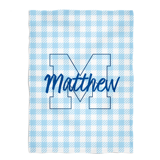 Personalized Initial and Name Light Blue Check Plush Minky Throw 38 x 47