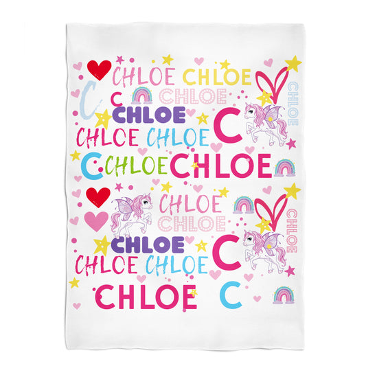 Unicorn Personalized Initial and Name White Fleece Blanket 40 x 58