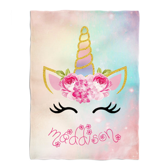 Unicorn Personalized Name Rainbow Color Plush Minky Throw 38 x 47