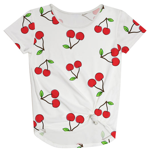 Cherry Print White Knot Top
