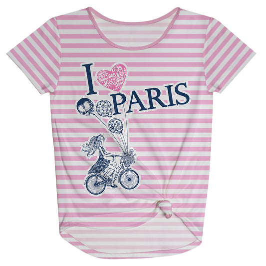 I Love PARIS Pink and White Stripes Knot Top