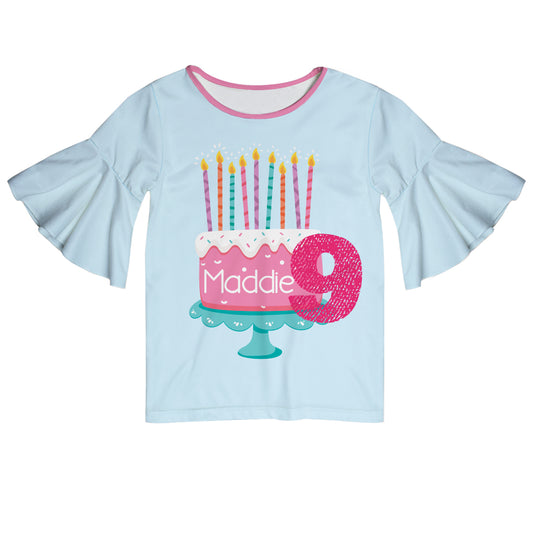Birthday Cake Personalized Light Blue Short Sleeve Ruffle Top - Wimziy&Co.