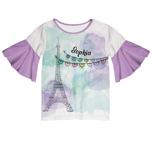 Eiffel Tower Name White And Purple Short Sleeve Ruffle Top