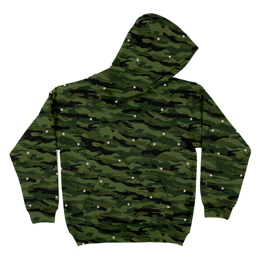 Stars and Camo Print Green Fleece Hoodie Long Sleeve Hoodie