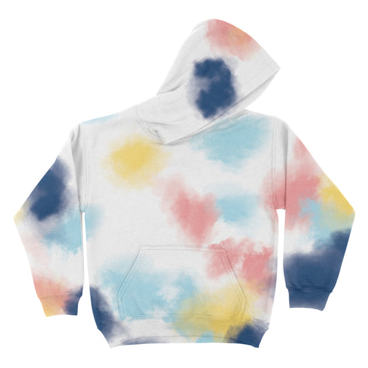 Tie Dye Print White Pink and Blue Fleece Long Sleeve Hoodie Tee Shirt