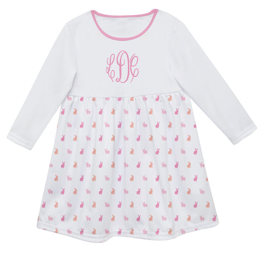 Bunnies Print Monogram White Long Sleeve Epic Dress - Wimziy&Co.