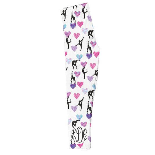 Gymnast And Hearts Print Monogram White Leggings - Wimziy&Co.