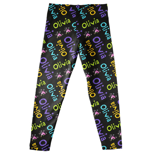 Unicorn and Name Print Black Leggings - Wimziy&Co.