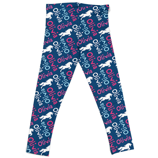 Unicorn and Name Print Navy Leggings - Wimziy&Co.