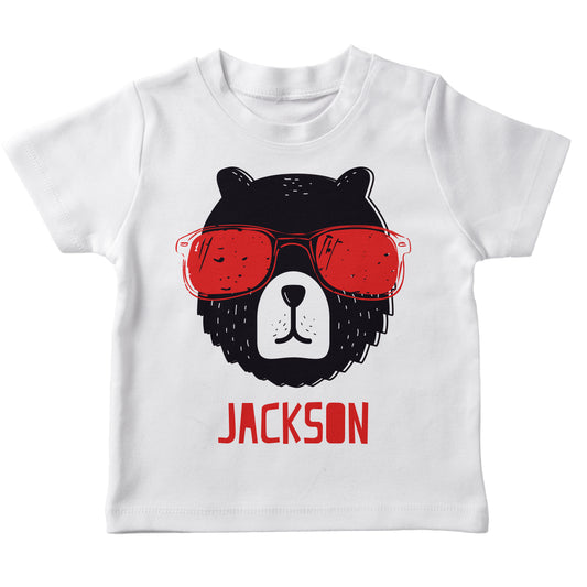 Boys white and black bear short sleeve tee shirt with name - Wimziy&Co.