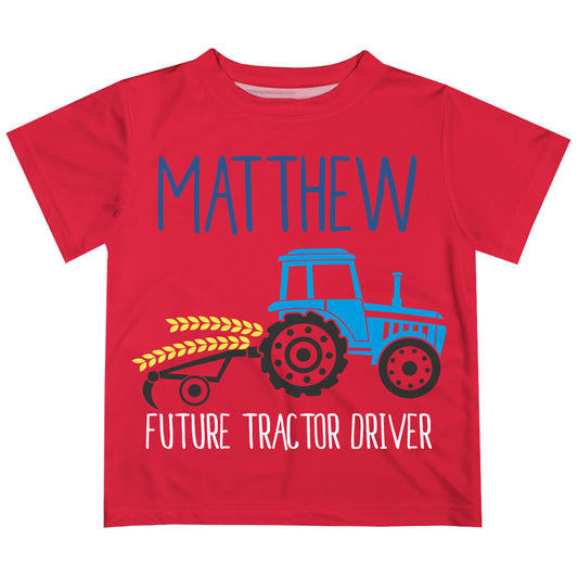 Red short sleeve tee shirt with tractor and name - Wimziy&Co.