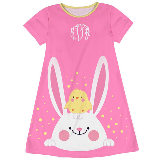 Bunny and Chick Monogram Pink Short Sleeve A Line Dress - Wimziy&Co.