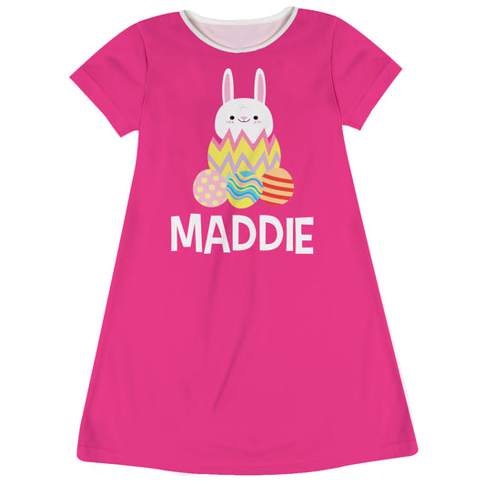 Bunny And Easter Eggs Name Hot Pink Short Sleeve A Line Dress - Wimziy&Co.