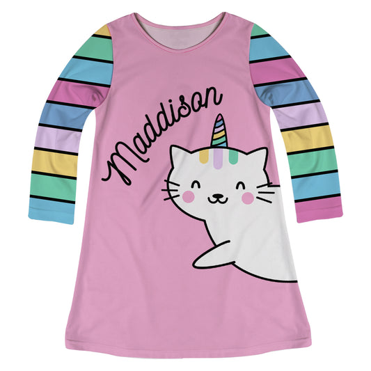 Cat Name Pink Stripes Long Sleeve A Line Dress - Wimziy&Co.