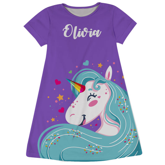 Purple and aqua big unicorn a line dress with name - Wimziy&Co.