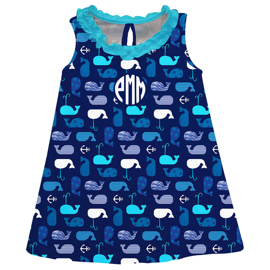 Whales Print Monogram Navy A Line Dress - Wimziy&Co.