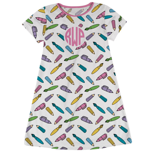 Pencil Print Name White Short Sleeve A Line Dress - Wimziy&Co.