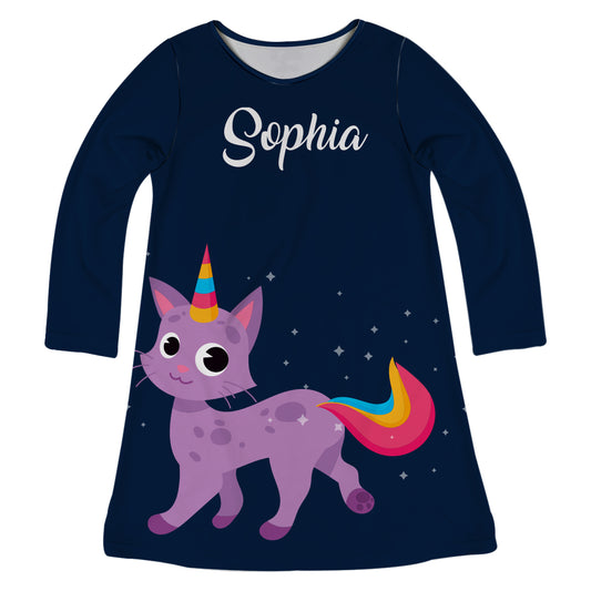 Navy and purple cat unicorn a line dress with name - Wimziy&Co.
