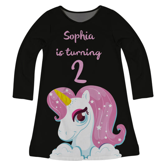 Unicorn Name and Number Black Long Sleeve A Line Dres - Wimziy&Co.
