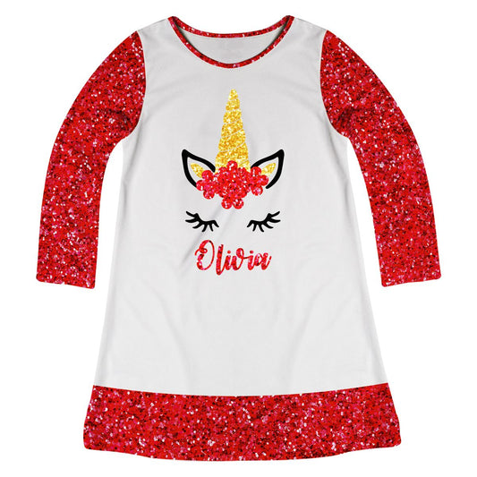 White and red unicorn face a line dress with name - Wimziy&Co.