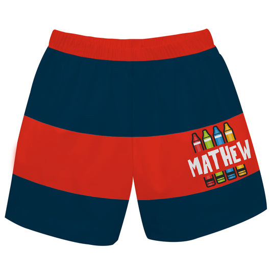 Crayons Name Stripe Navy and Red Boys Pull On Short - Wimziy&Co.