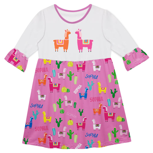 White and pink all over llamas amy dress - Wimziy&Co.