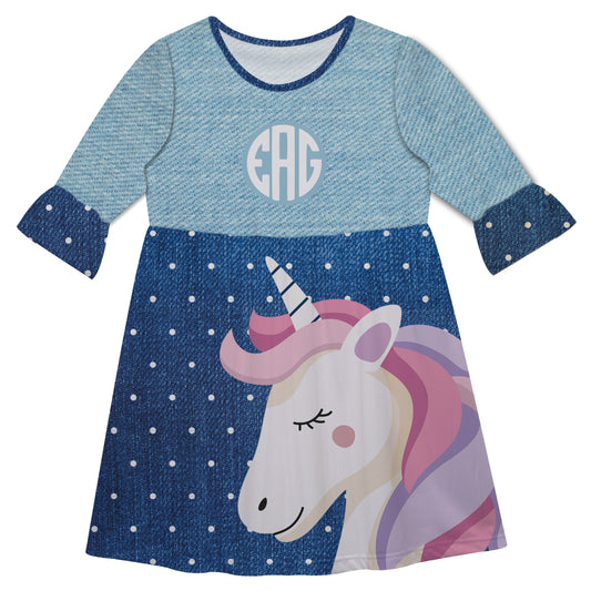 Unicorn Blue Denim Amy Dress Three Quarter Sleeve - Wimziy&Co.